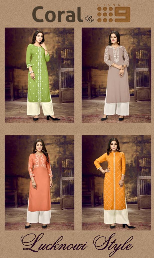 C9 Coral Latest Design Festive Wear Rayon With Embroidery Worked Kurti With Palazzo Kurtis Collection
